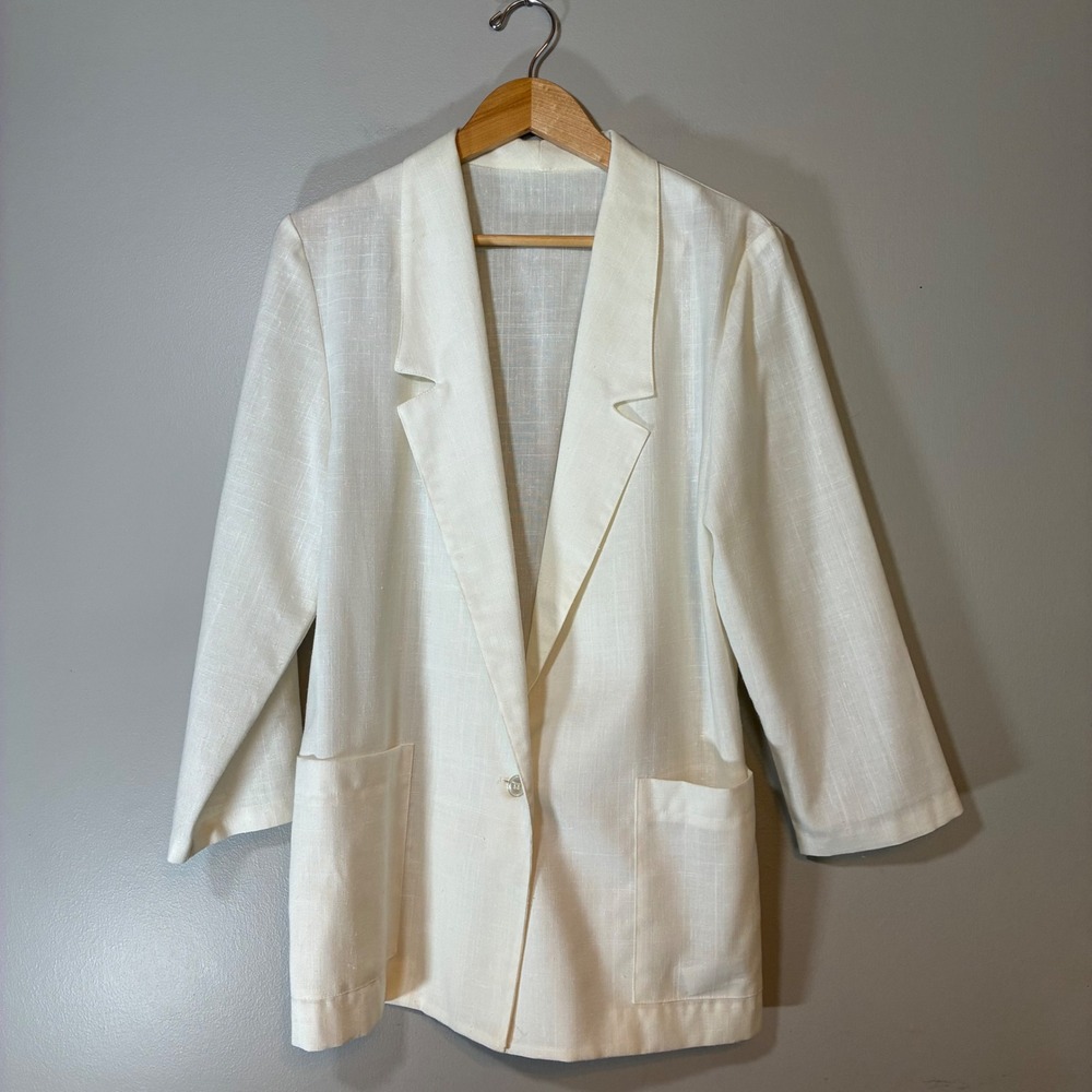 Vintage White Linen Blend Single Button Blazer Jacket Lightweight Career Coat